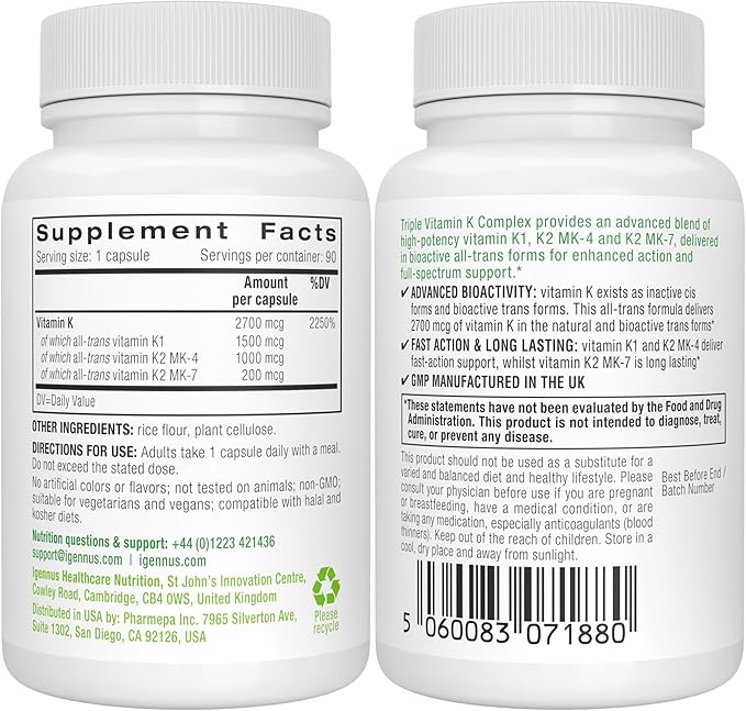 Igennus Daily Vitamine D3 + Complexe Triple Vitamine K Haute Résistance, 2000iu Cholécalciférol + 2700mcg Vitamines K1 et K2 (MK-4 et MK-7) Bioactives Avancées