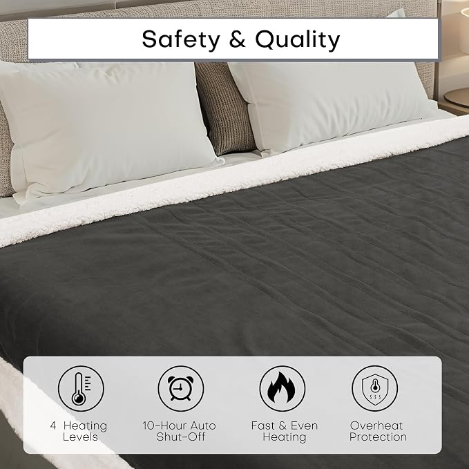 Electric Heated Blanket Throw Size 50"x60" – ETL Certified for Safe Overnight, 4 Heat Settings & 3H Auto Off, Dual-Sided Microplush Sherpa for Home Theater Night, Machine Washable – Iron Gray