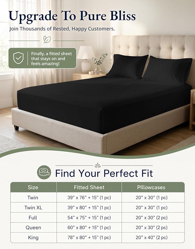 LANE LINEN 100% Organic Cotton Twin XL Fitted Sheet & Pillowcase - Soft & Breathable Percale Weave Set for Naturally Cooling Behaviour - 15''Deep Pocket for Snug Fit - GOTS Certified - Black