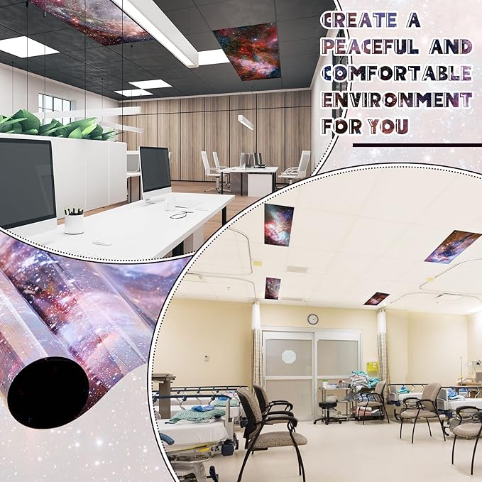 Amylove 4 Pcs Fluorescent Light Covers Classroom Ceiling Panels Light Filters with Backlit Film Material for Office School, 4 x 2 Feet(Dreamy Color,Galaxy Stars)