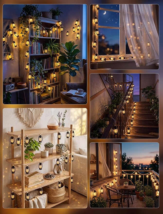 8.5Ft Black Mini Kerosene String Lights, Vintage Decorative String Lights with 10 LED Kerosene Lantern Bulbs, Waterproof Connectable Plug in Fairy Lights for Camping Patio Bedroom Party Holiday Decor