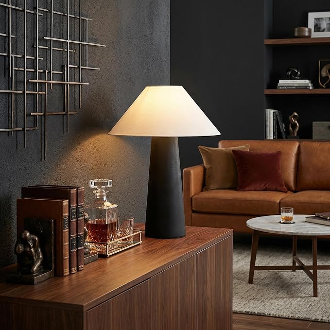 Globe Electric Novogratz x 18" Ceramic Table Lamp, Matte Black, Off-White Tapered Fabric Shade, in-Line Rocker Switch, 5 Ft. Clear Cord, Home Office, Desk, Living Room