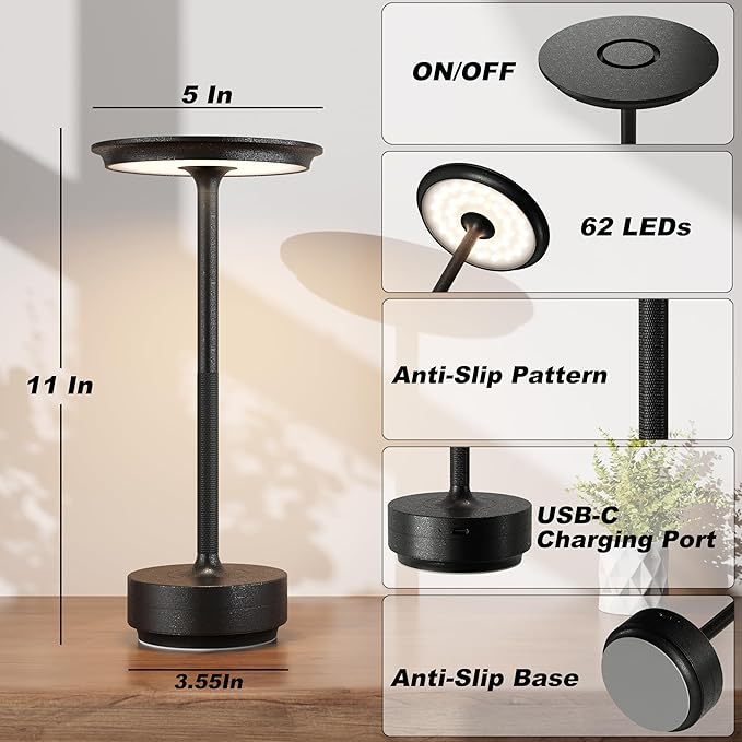 TBBGA 1 Pack Rechargeable Table Lamps Cordless, Portable 5000mAh Outdoor Table Light, 3 Color Stepless Dimming LED Table Lamp with Memory Function, for Home/Dinner/Patio/Restaurant.(Diamond Black)