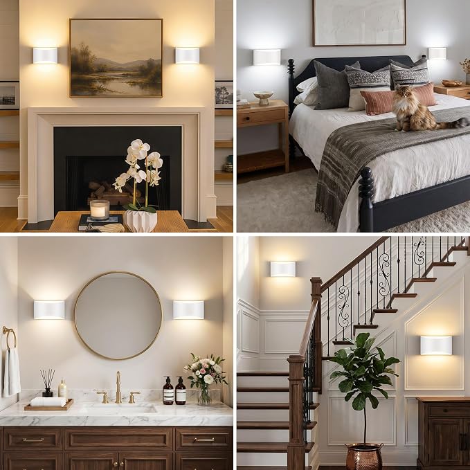 MATAMEYE Modern LED Wall Sconce Set of 2, White Indoor Wall Lighting Fixture with 3 Colors Temperatures, 10W Up/Down Hardwired Wall Mount Lamp for Bedroom Living Room Hallway