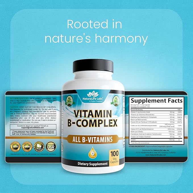 Complexe de Vitamines B avec Vitamine C de NaturaLife Labs – Contient des Vitamines B Actives B2 (Riboflavine-5-Phosphate), B6 (Pyridoxal-5-Phosphate), B9 (5-MTHF) et B12 (Méthylcobalamine) ; ainsi que B1, B3, B5 et B7 – 100 Gélules