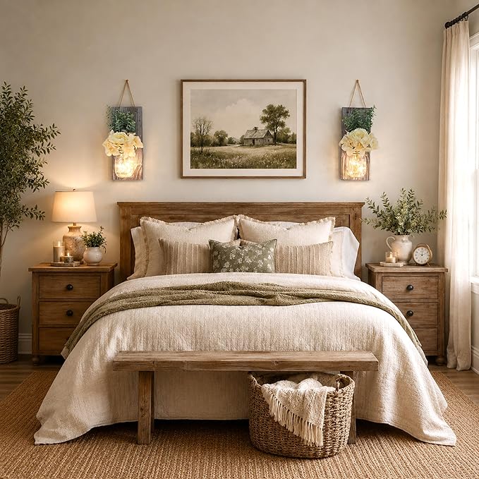 Modern Farmhouse Wall Decor Set of 2, Rustic Wall Art Living Room Decor with Led Fairy Lights and Rose Flowers, Country Home Decor Gifts, X-Large Rustic Grey