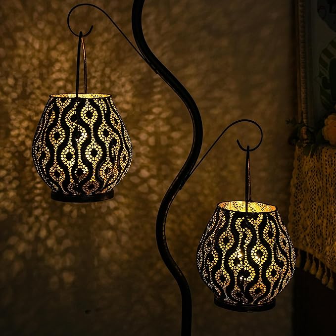 TRIROCKS Set of 2 Moroccan Decorative Lamps 8'' High Cordless Lamp Metal Table Lamps with Fairy Lights Bulb for Home Living Room Garden Yard Party Events Tabletop Indoor Outdoor(Black)