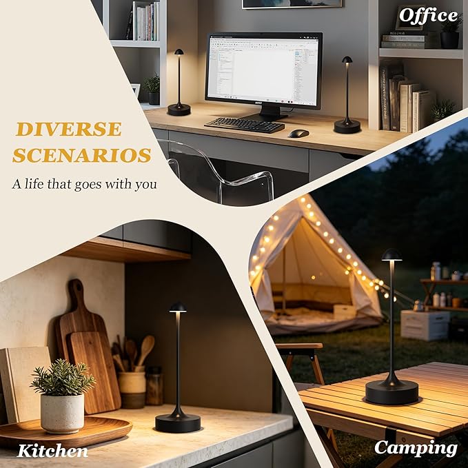 Kakanuo Rechargeable Cordless Table Lamp, Battery Operated Lamps, 3-Color Stepless Dimming, Portable Wireless Desk Lamp, LED Lighting for Dining Room, Restaurant, Office, Bar, Home(Black 2 Pack)