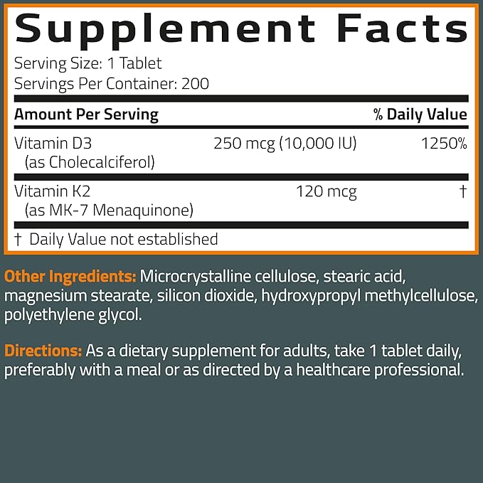 Bronson Vitamine K2 (MK7) avec D3 Supplément Force Extra 2 en 1 Soutien, 10 000 UI Vitamine D3 & 120 mcg K2 MK-7, 200 Comprimés
