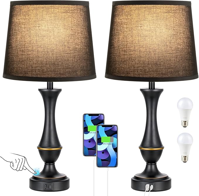 Seealle Upgraded Touch Lamps for Night Stands Set of 2 - Bedside Lamps with USB C+A, 3 Way Dimmable for Bedroom Living Room End Tables Office (Black)