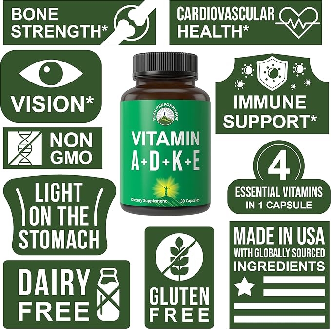 Vitamines D haute performance 5 000 UI + A + K + E, tout en 1 seule capsule végane facile à avaler. Supplément de vitamines ADK avec E D3 K2. Vitamines essentielles pour l'humeur, le système immunitaire, les os, la vue, le cœur.
