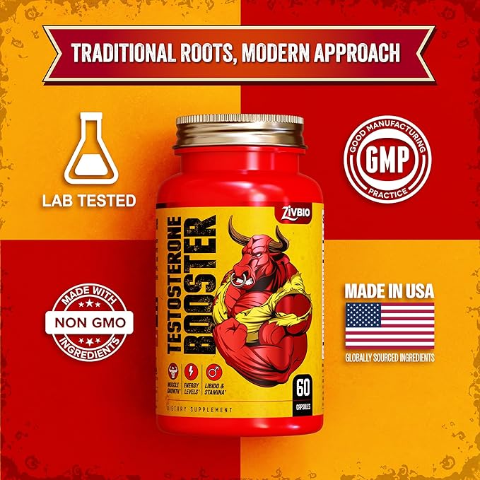 Testosterone Booster for Men - Male Enhancing Supplement for Muscle Growth, Energy, Strength & Recovery - Ashwagandha, Tongkat Ali, DIM, Zinc, Tribulus - Helps Improve Fast Acting Blood Flow - 60ct