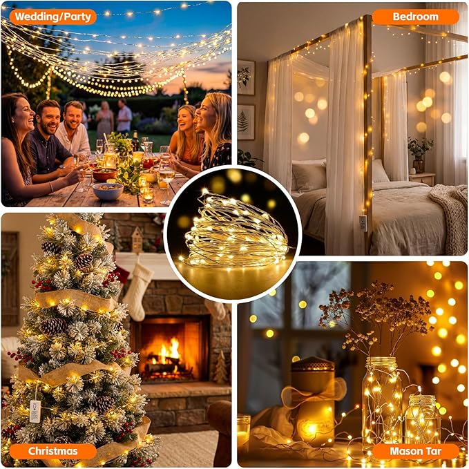 6 Pack Rechargeable Fairy Lights with Remote & DIY Timer, 7ft 20LED Dimmable Silver Wire String Light for Mason Jar, Mini Twinkle Lights for Indoor Christmas Bedroom Wedding Decor, Warm White