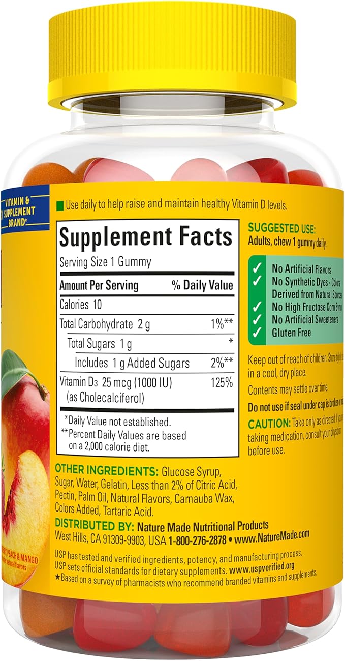 Nature Made Vitamine D3 1000 UI Gommes, Soutien de la santé des os, des dents, des muscles et du système immunitaire, 90 jours de provision, 90 gommes de vitamine D pour adultes
