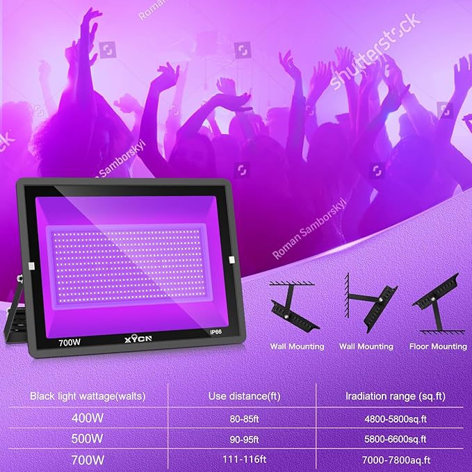 XYCN 2 Pack 700W LED Black Lights, 395nm to 410nm Flood Blacklight Light with Plug,Outdoor IP66 Waterproof for Glow in The Dark, Dance Party, Stage Lighting, Body Paint, Fluorescent Poster, Neon Glow
