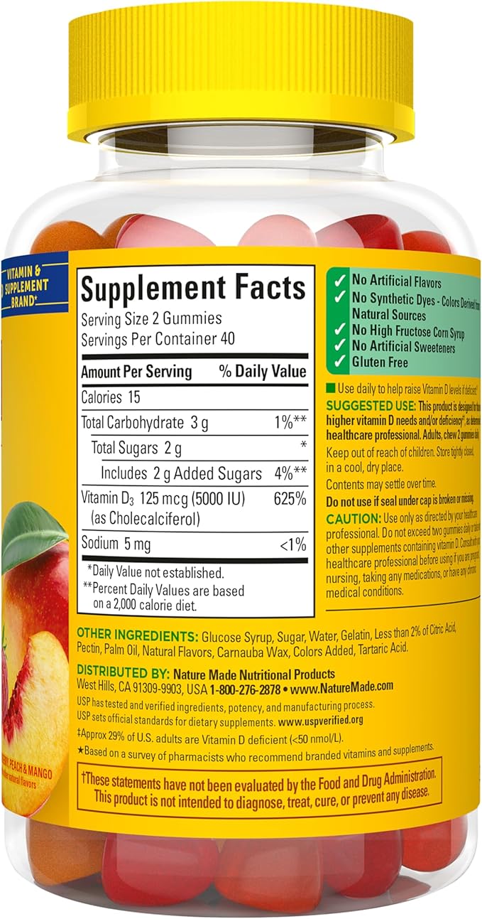 Nature Made Vitamine D3 5000 UI par portion, Gommes extra fortes, Soutien pour la santé des os et du système immunitaire, 80 gommes de vitamine D pour adultes, 40 jours d'approvisionnement