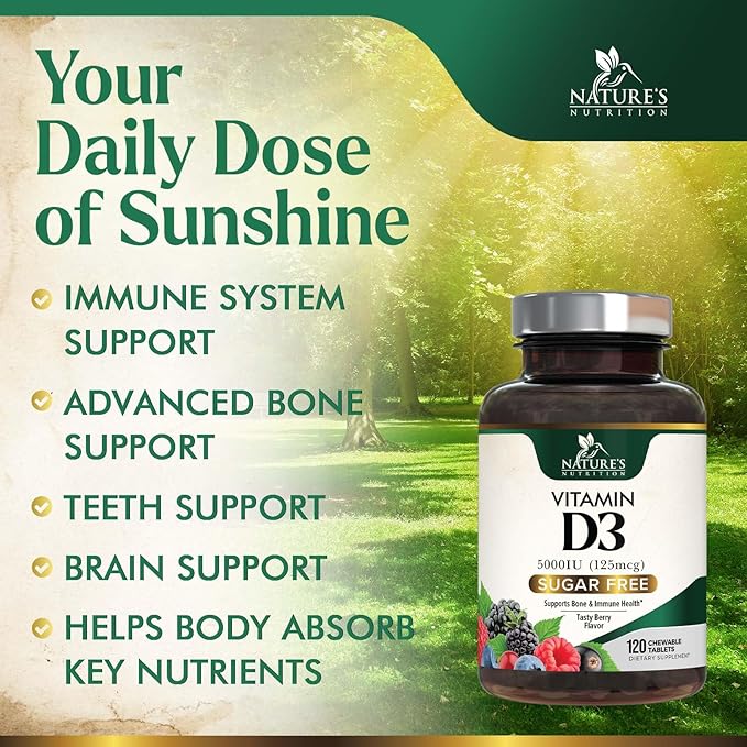 Vitamine D3 5000 UI (125 mcg) Vitamine D extra forte Nature's - Comprimés à croquer pour le soutien immunitaire, les os, les dents et les muscles - Sans sucre, sans OGM, sans gluten - 120 comprimés