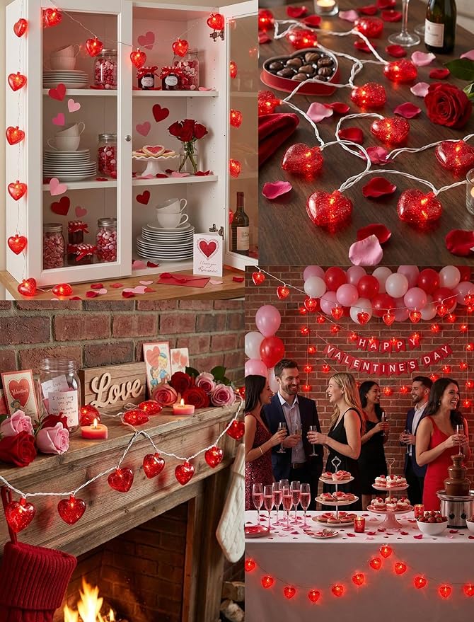 Valentines Red Heart String Lights Plug in, 8.5Ft Outdoor Valentine's Day Decorations Lights with 10 Red Glitter Heart Lights, Hanging Heart Fairy Lights for Indoor Window Wedding Birthday Party Decor
