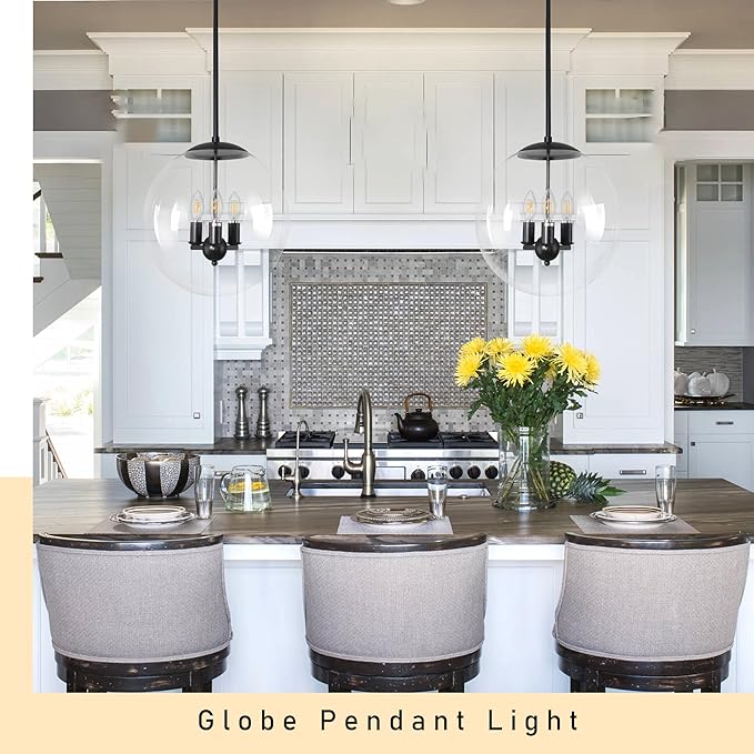 Bagood 14" Globe Pendant Light 3-Light Black Mid Century Pendant Light Clear Glass Lights Kitchen Island Mid Century Adjustable Hanging Farmhouse Globe Fixtures for Living Room Lobby