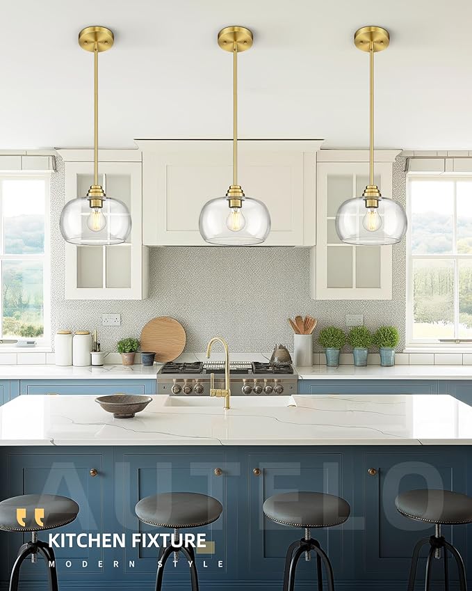 AUTELO 2 Pack Gold Pendant Lights, Glass Pendant Lights Kitchen Island with Clear Drum Glass, Industrial Pendant Ceiling Lights with Adjustable Rods for Kitchen Dining Room Bar, H9385 BG-R-2PK