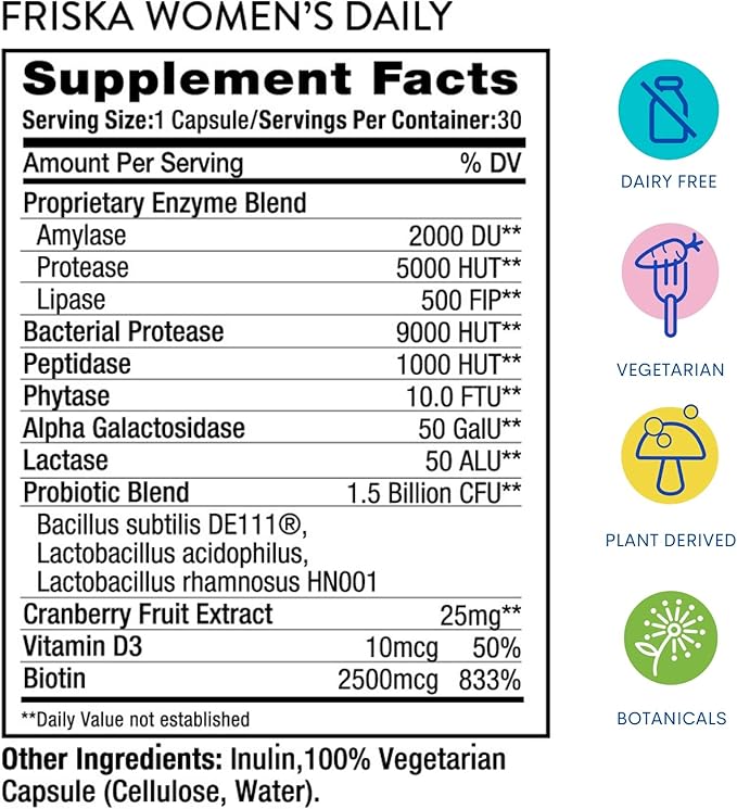 Friska Daily Digestive Enzymes with Probiotics for Women - Helps Break Down Food, Reduce Bloating & Gas - with Cranberry, Vitamin D & Biotin, 90 Capsules