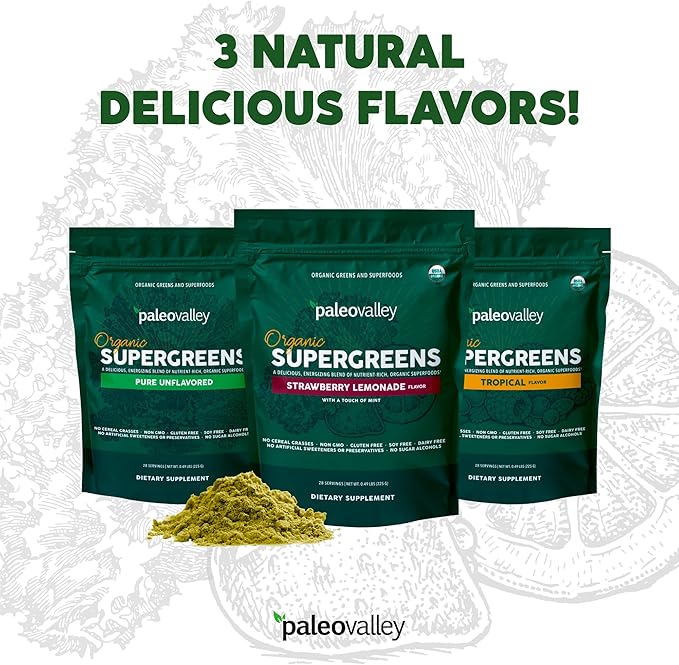 Paleovalley Organic Supergreens - Organic Greens Powder Superfood for Immune Support - Paleo Green Powder Blend - 28 Servings - 23 Superfoods - Gluten Free, No Cereal Grasses, Soy or Grain