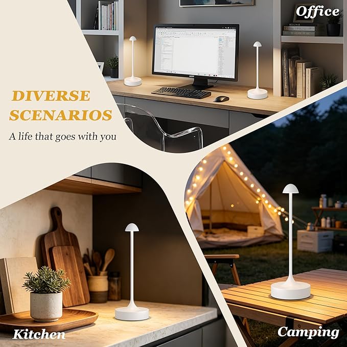 Kakanuo Rechargeable Cordless Table Lamp, Battery Operated Lamps, 3-Color Stepless Dimming, Portable Wireless Desk Lamp, LED Lighting for Dining Room, Restaurant, Office, Bar, Home(White 2 Pack)