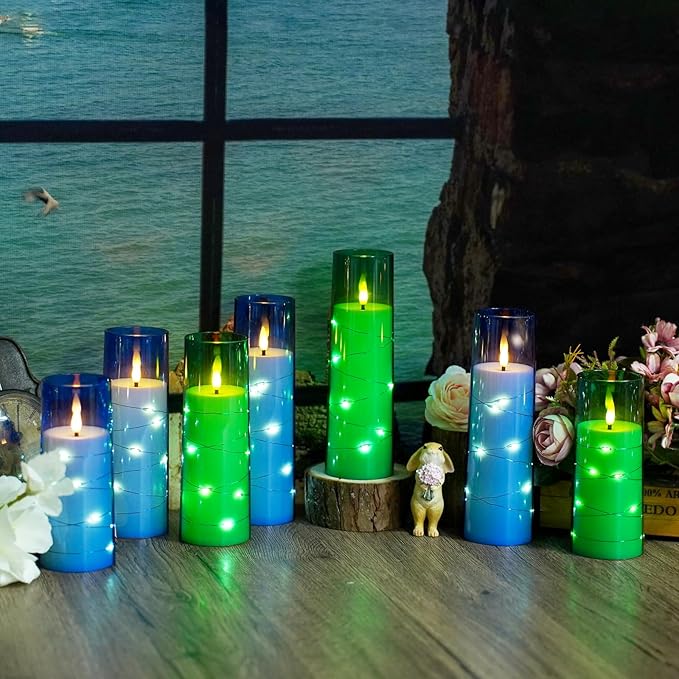 kakoya Flameless LED Candles with Timer 9 Pc Flickering Flameless Candles for Romantic Ambiance and Home Decoration Stable Acrylic Shell,with Embedded Star String,Battery Operated Candles(Blue)