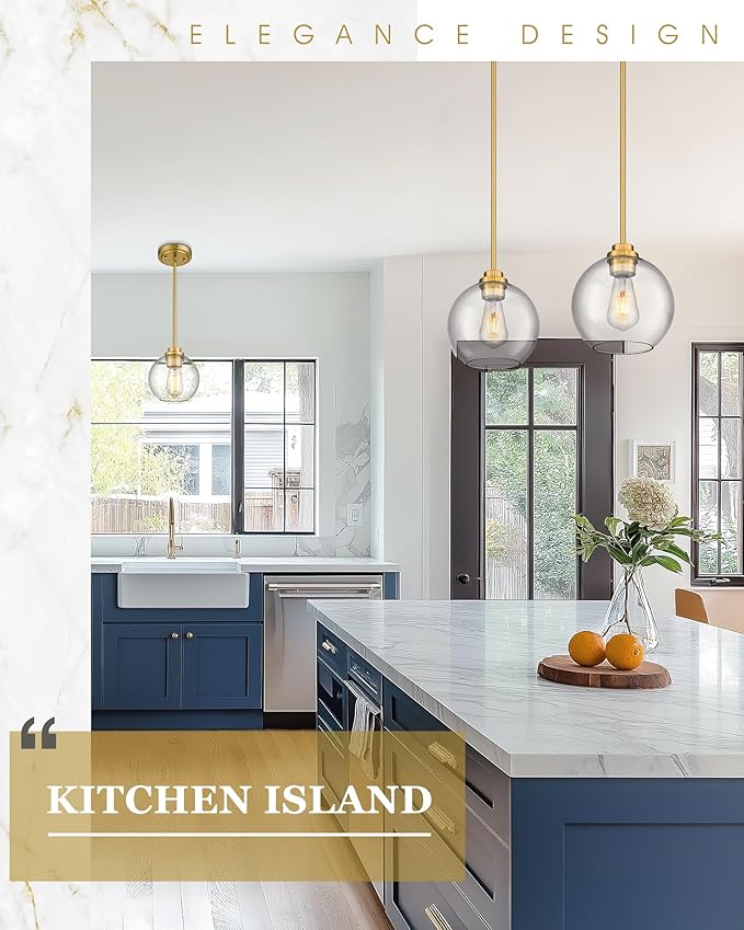 Pendant Lights Kitchen Island, Modern Gold Pendant Light with Clear Glass Globe Shade, Farmhouse Hanging Light Fixtures for Dining Room Entryway, AD-22280-1P-GD-C
