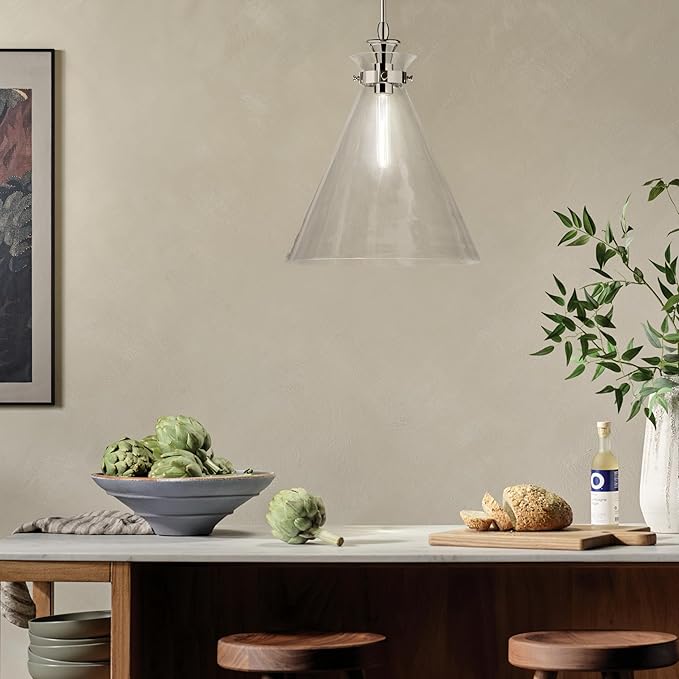 Kichler Laria 1-Light Pendant Light Fixture with Clear Glass in Polished Nickel, Kitchen Island Hanging Light for Traditional Spaces, Sloped Ceiling Compatible (19.75" x 16"), 52775PNCLR