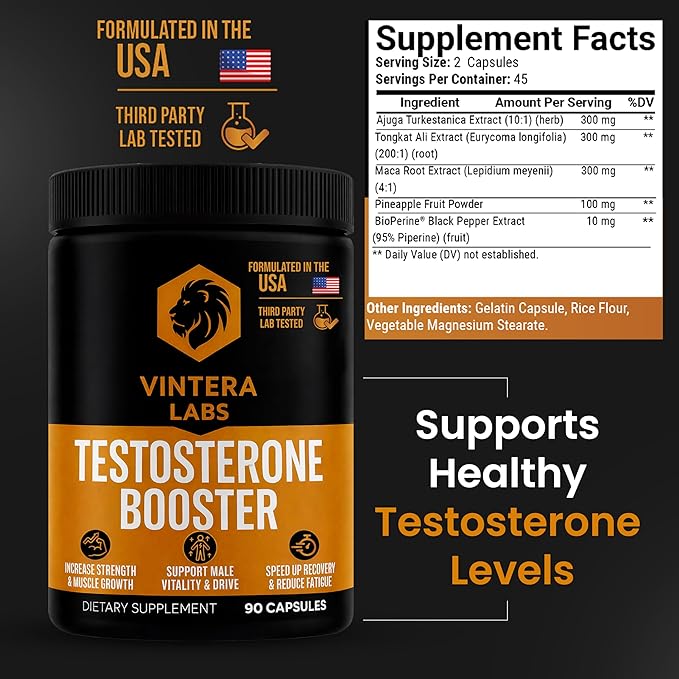 Testosterone Booster for Men, High Potency - Tongkat Ali, Maca, Turkesterone - Stamina & Endurance Testosterone Supplement for Men (90 Capsules)