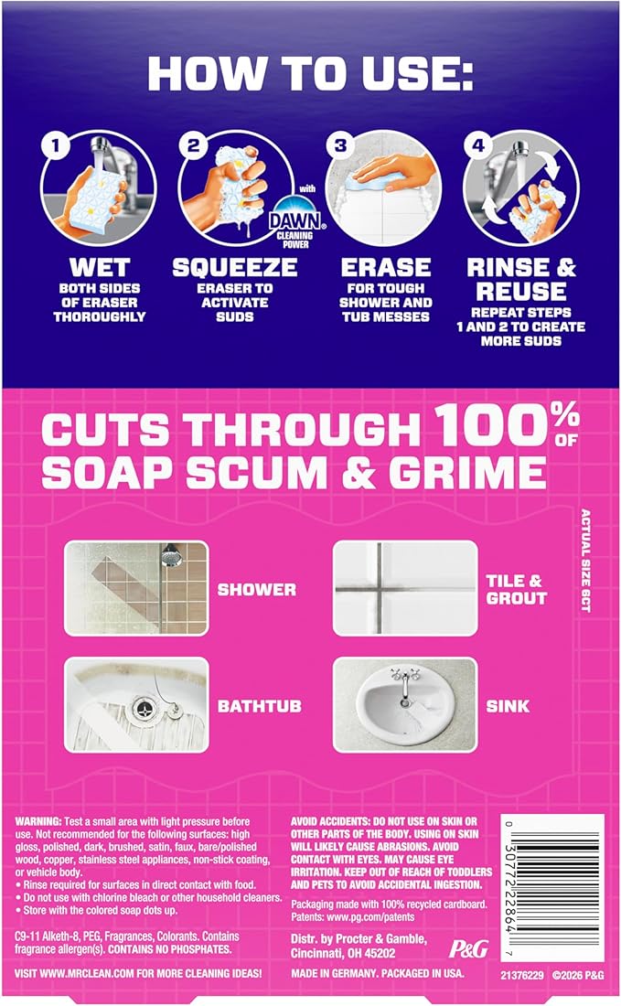 Éponge magique effaceur de taches Mr. Clean, nettoyant pour salle de bain, douche, baignoire, éliminateur de résidus de savon, fournitures de nettoyage de salle de bain, puissance de nettoyage Dawn avec parfum de citron, douche et baignoire, 6 unités