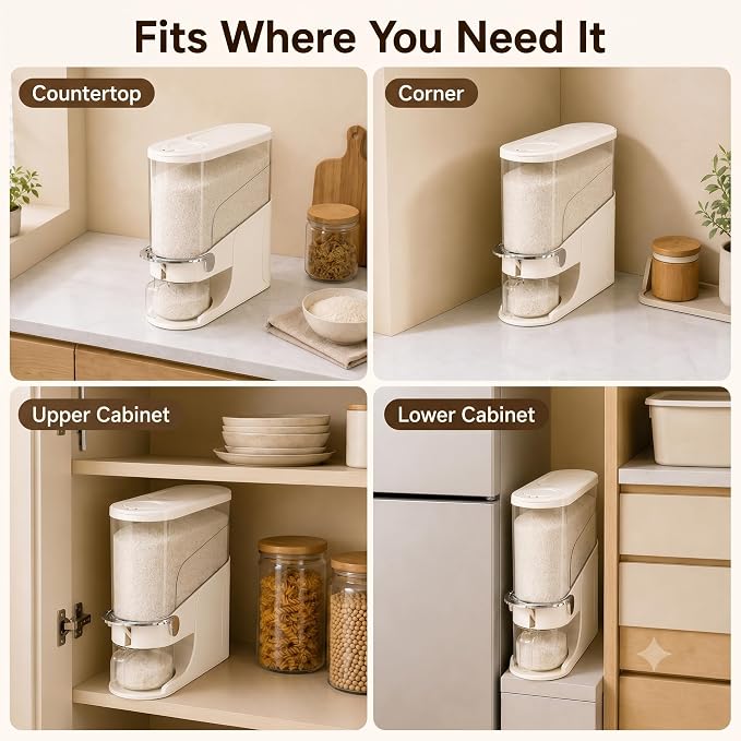 Rice Dispenser 11 Lb, Slim Rice Storage Container with Double Sealing Strip, Press to Dispense Cereal Container Airtight for Kitchen Pantry Organization, (Ivory White-11lb)