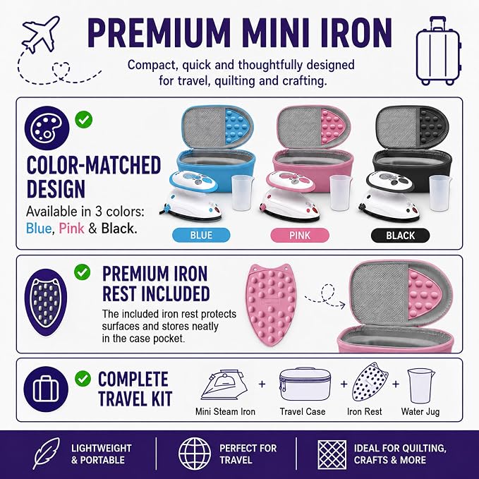 The Quilted Bear Premium Mini Steam Iron - Lightweight Mini Travel Iron for Effortless Quilting & Wrinkle-Free Clothes with Carry Case & Iron Rest Set - Travel Steamer for Clothes & Crafts (Pink)