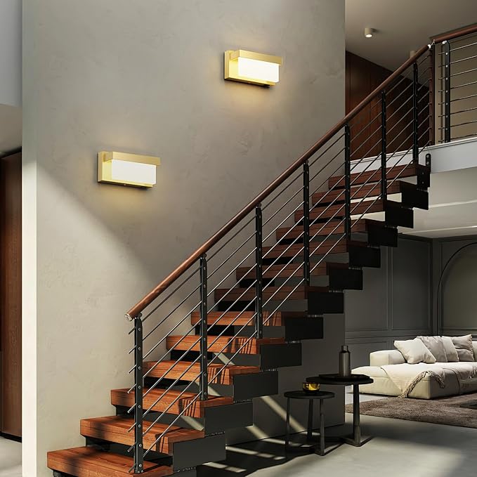 Switched LED Wall Sconce Set of 2, Indoor 8 inch 12 Watt 4000K Wired Gold Wall Mounted Sconce Light with On/Off Switch, Frosted Arcylic Shade Sconces for Bedroom Living Room Bathroom Kitchen Hallway