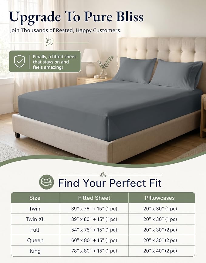 LANE LINEN Queen Fitted Sheet, 100% Organic Cotton Soft & Comfy Fully Elasticized Mercerized Cotton Sung Fit 15" Deep Pocket All Weather Queen Size Fitted Sheet Only (+Pillowcases) - Charcoal