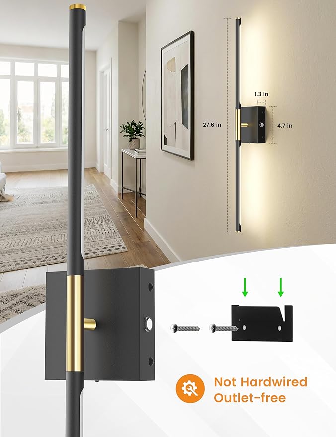 7800mAh Battery Operated Wall Sconces Set of Two, Rechargeable Wall Sconces with Remote, 360° Rotatable Battery Wall Sconce Decor, 27.6'' Wireless Wall Lights for Bedroom, Living Room(Black Gold)