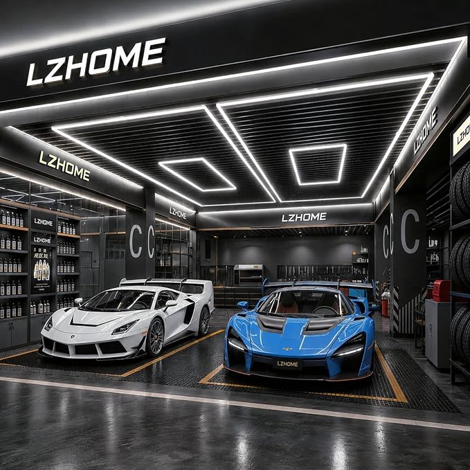 LZHOME LED Garage Lights: 355W Super Bright Square Garage Lights, 5000K Natural White LED Gym Lighting Hexagon Light for Workshop Warehouse Car Detailing Shop
