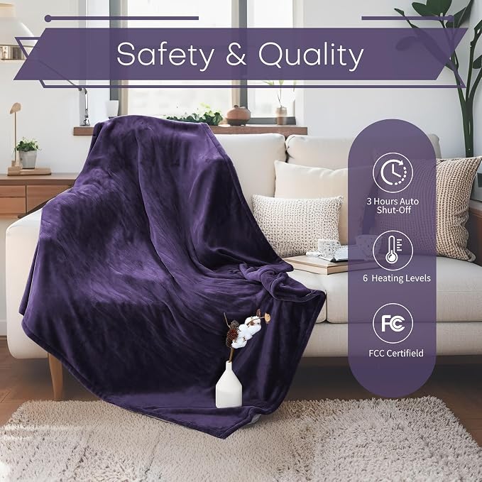 Electric Heated Blanket Throw Size 50"x60" - Flannel & Sherpa Fabric Dual-Sided, 6 Heat Settings & 1-3 Hours Auto Off, Soft & Cozy Warming Throw for Home, Office, or Bed, Machine Washable, Purple