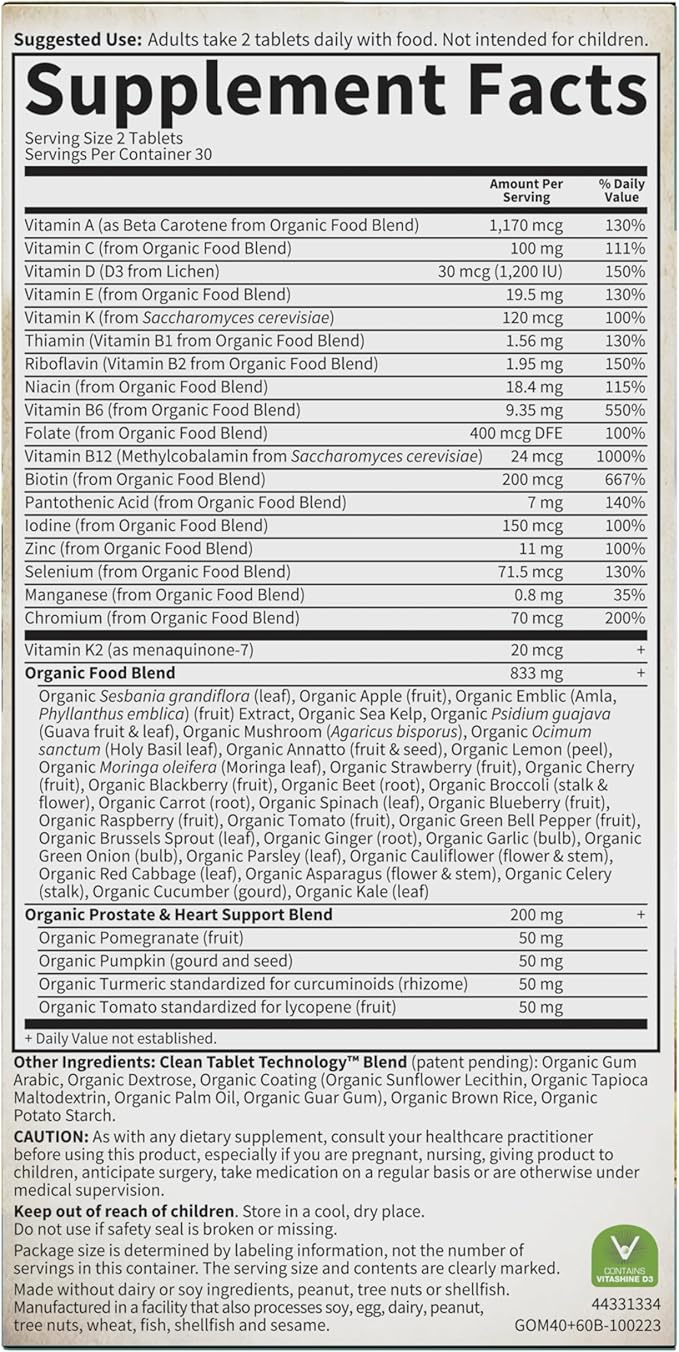 Garden of Life Organics Multivitamine Alimentaire Complète pour Hommes 40+, 60 Comprimés, Multivitamine Végétalienne pour Hommes pour la Santé, le Bien-être, Vitamines et Minéraux Certifiés Biologiques pour Hommes de Plus de 40 ans, Vitamines pour Hommes