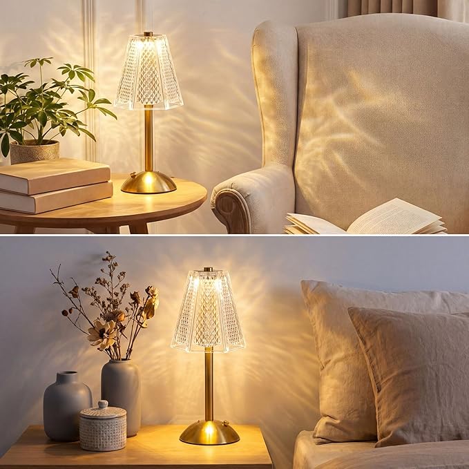 Liliful 2 Pcs Cordless Table Lamp Rechargeable Touch LED Small Gold Portable Battery Operated USB-c Desk Lamp 3 Color Dimmable for Bedroom Living Room Dining (Gold,Hexagonal Diamond Style)