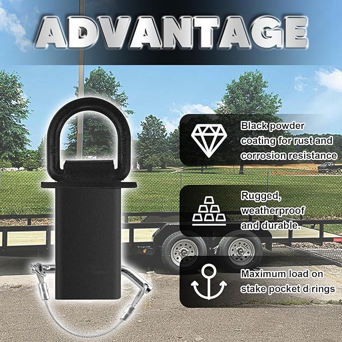 Stake Pocket D Rings 4pcs Upgrade 18000lbs Heavy Duty D-Ring Tie Downs for Utility Trailers and Flatbed Trucks w/Hitch Pin w/Steel Cables, Removable Tie Downs for Flatbed Cargo Trucks, Black