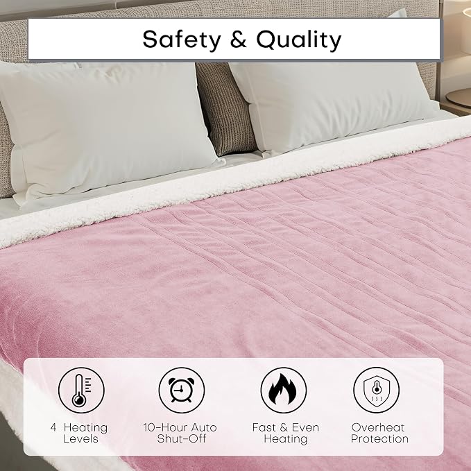 Electric Heated Blanket Full Size 72"x84" – ETL Certified for Safe Overnight, 4 Heat Settings & 10H Auto Off, Dual-Sided Microplush Sherpa for Home Theater Night, Machine Washable – Pale Pink