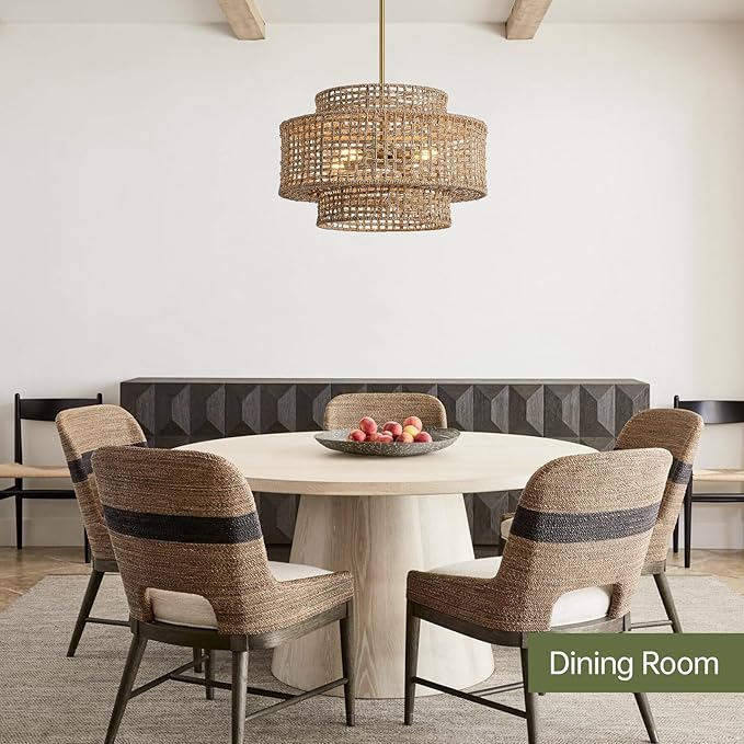 17.7” Boho Rattan Chandelier Light Fixture 4-Light Hand Woven Rustic Chandeliers with Wicker Shade, Farmhouse Chandelier Hanging Light for Dining Room Kitchen Island, Living Room, Foyer
