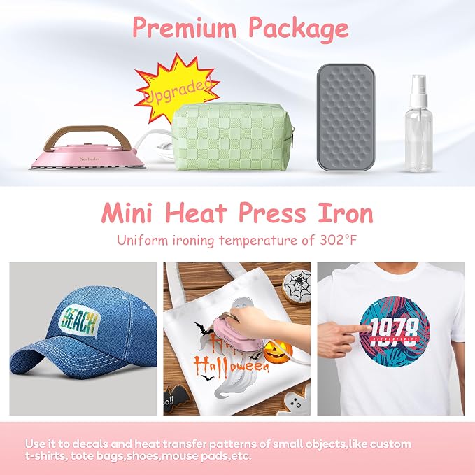 Newbealer Travel Iron Set, 100-240V Mini Dry Iron for Clothes (No Steam) | Max 300W, Heats in 60s, 302℉ Ceramic Soleplate, Handy Heat Press, 0.8lbs Lightweight for Quick Touch-ups Worldwide (Pink)