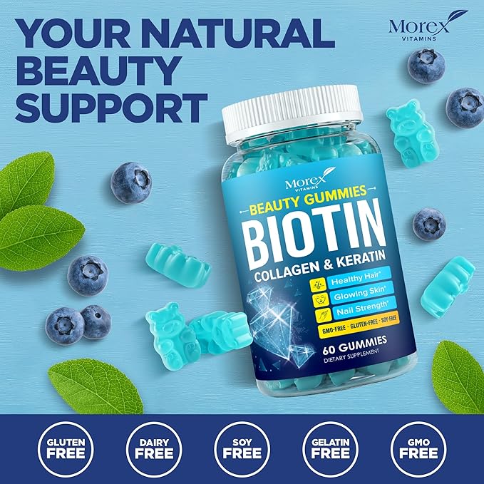 Biotin Gummies with Collagen & Keratin - Hair Growth Support, Skin and Nail Strength Vitamins for Women & Men - Vitamin B7 + B-Complex, MSM, Bamboo Extract - Beauty Chew Supplement - 60 Gummy Bears