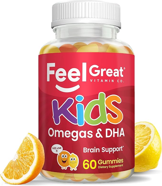 Feel Great Vitamins Kids DHA Gummies with Omega 3 6 9, Vitamin C (2-Pack) | Supports Healthy Brain Function, Vision & Heart Health | Gluten Free, Vegetarian | 60 Gummies