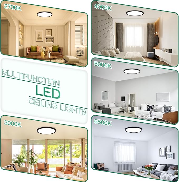 Brightever 12 Inch 6 Pack LED Ceiling Light Flush Mount, 24W 3200LM 0.67 Inch Thickness Close to Ceiling Light Fixtures, Dimmable & 2700K-6500K 5 Color Selectable Light Fixtures Ceiling Mount, Black