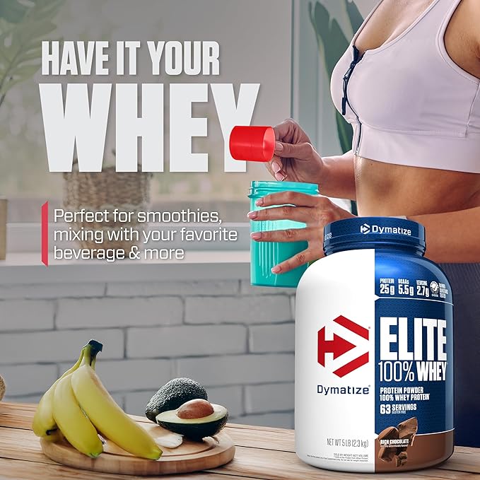 Dymatize Elite 100% Whey Protein Powder, 25g Protein, 5.5g BCAAs & 2.7 L-Leucine, Quick Absorbing & Fast Digesting for Optimal Muscle Recovery, Rich Chocolate, 5 Pound (63 Servings)