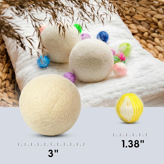 Pet Hair Remover Laundry Bundle - Washable Gel Lint Roller, Wool Dryer Balls, Dog & Cat Hair Catcher Washer Balls & Woven Storage Basket